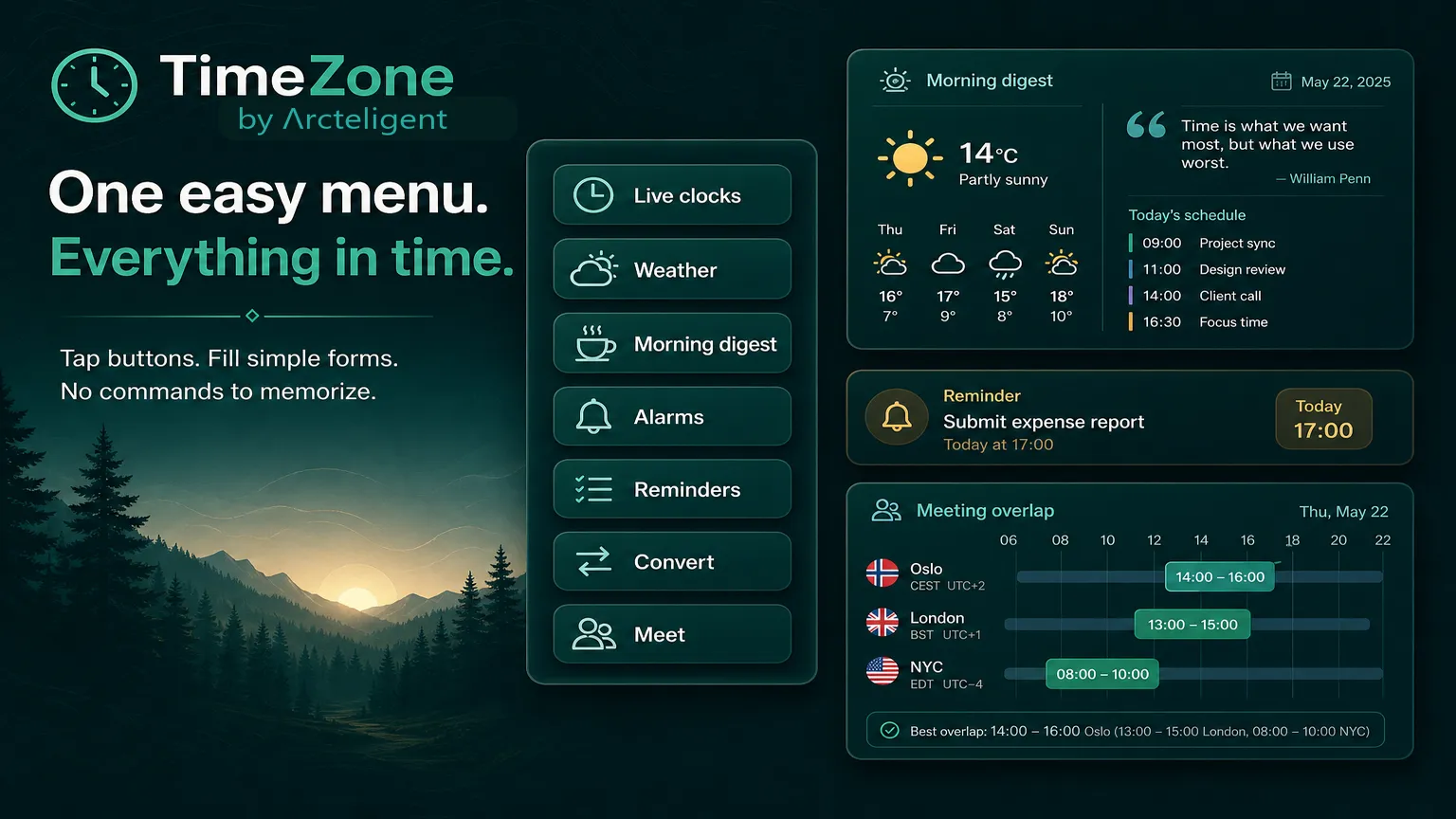 Easy TimeZone menu with morning digest, reminder and meeting overlap