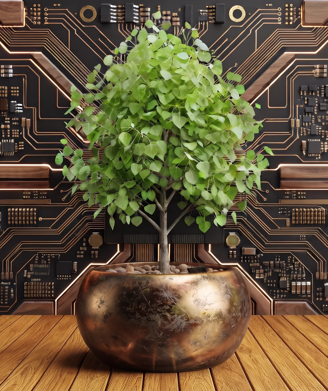 A young tree in a bronze pot in front of a circuit-board wall
