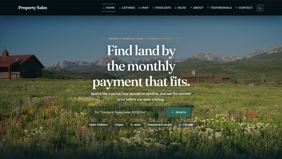 Property Sales Site template showing a mountain valley listing preview